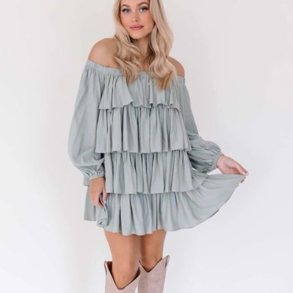Klesis tiered off shoulder sage green mini dress NWT